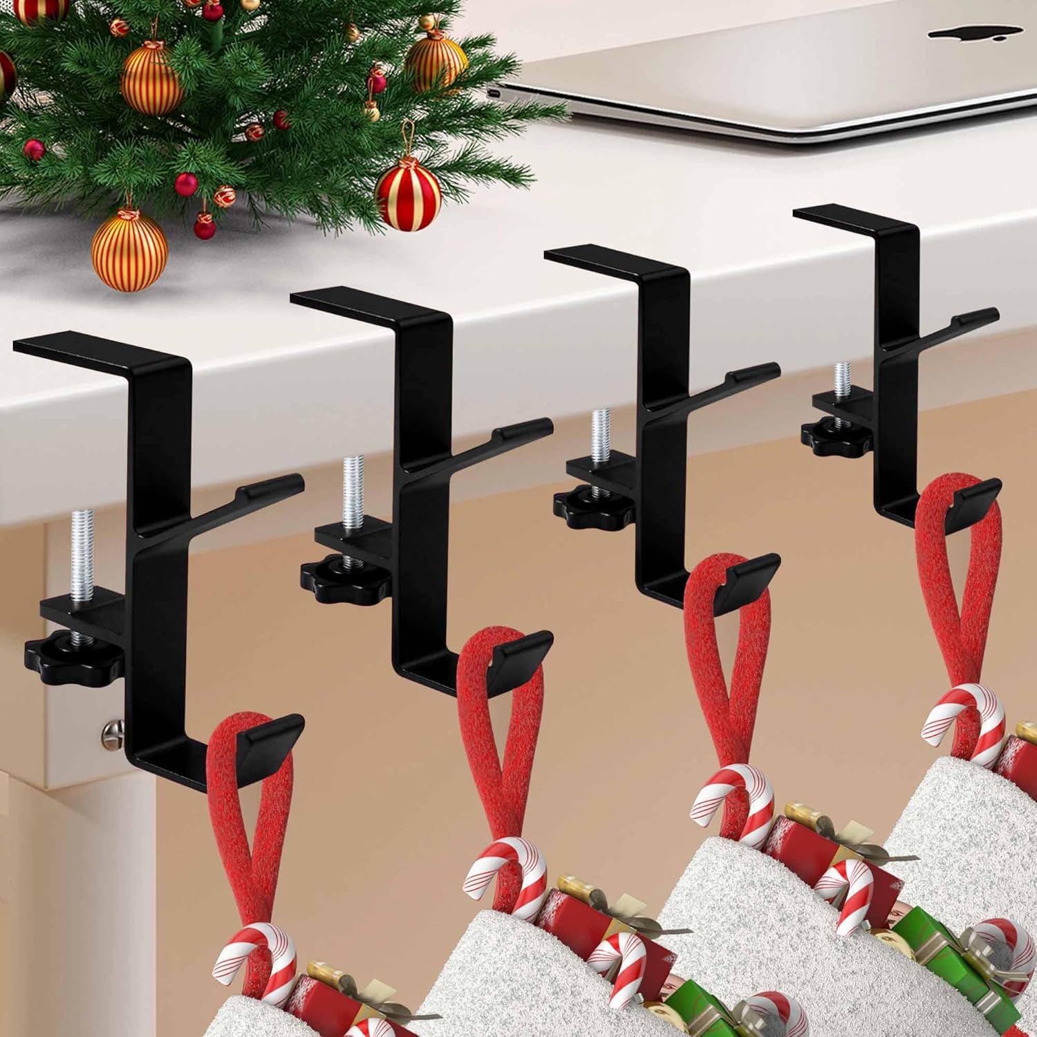 Guojanfon Garland and Stocking Mantel Holders with 2 Hooks, Mantel Hanger for Garland, 2 in 1 Mantel Garland and Stocking Hangers Heavy Duty, Fireplace Garland Hanger for Christmas & Xmas Decoration