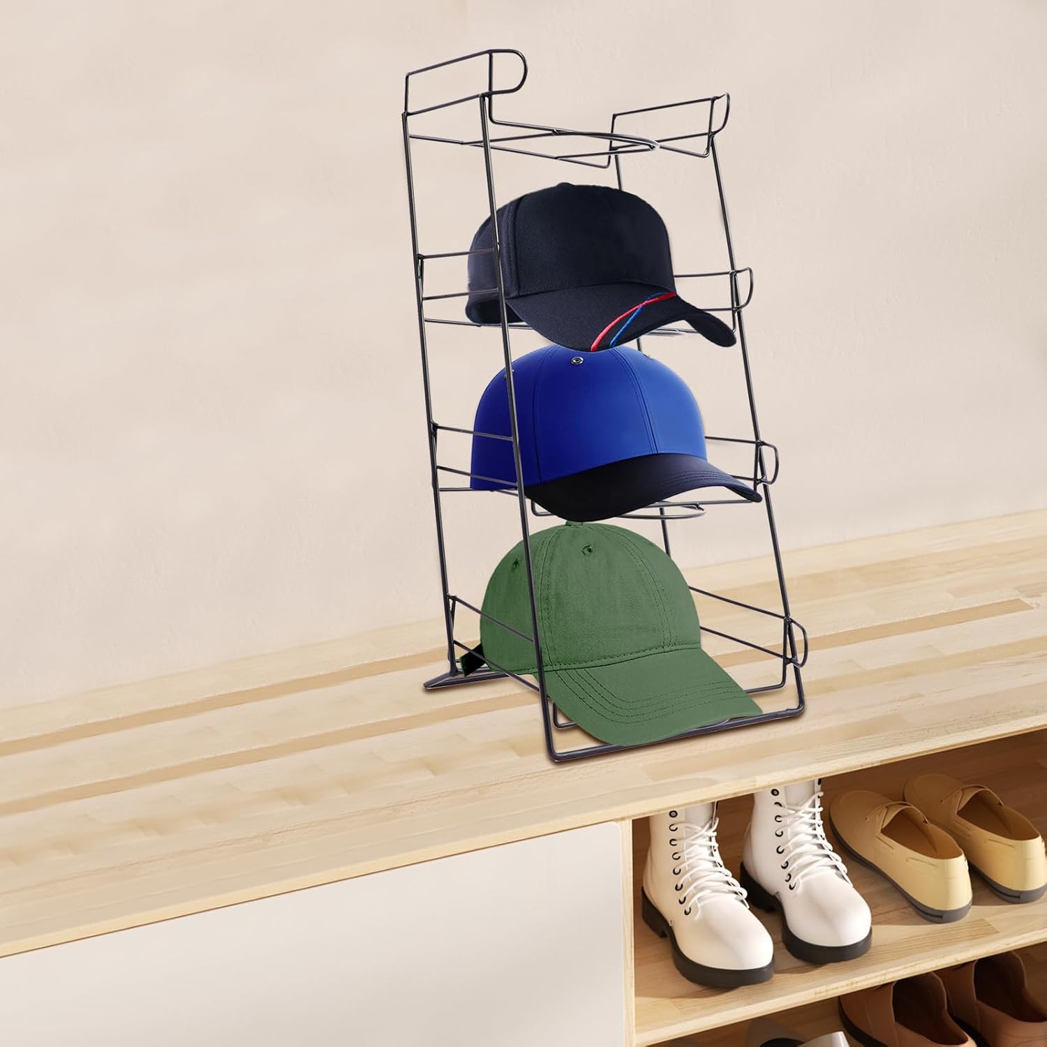 4-Tier Hat Display Stand, Tabletop Hat Display Rack For Retail, Metal Free Standing Hat Hanger For Retail, Bedroom And Living Room And Entryway (Black)