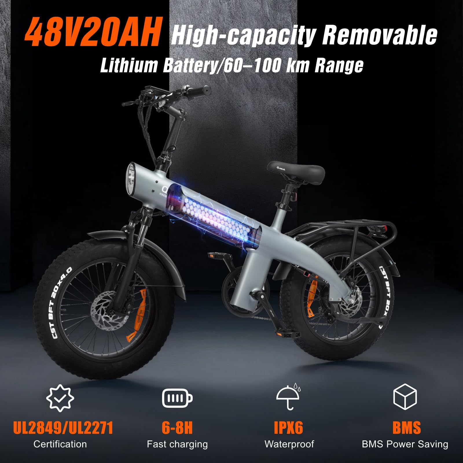 HX Q3 Bicicleta Eléctrica Adultos para Commuting, 48V 20AH Batería Extraíble, 115Nm Motor Potente E-Bike, Frenos de DIS Hidráulicos Fat Bike, Alcance 60-120KM, 20"x4.0" Neumáticos para Todo el Terren