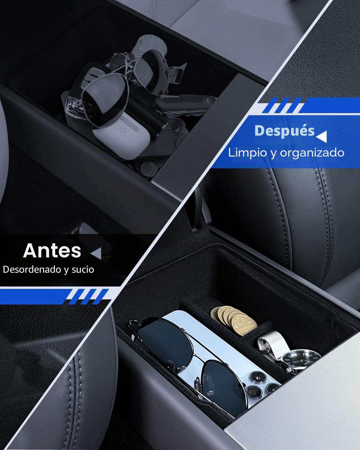 4 Piezas de Accesorios para Consola Central de Tesla Modelo Y 2025-2026 Juniper, Organizador de Silicona, Caja de Almacenamiento para Reposabrazos y Caja Oculta (Forrada)