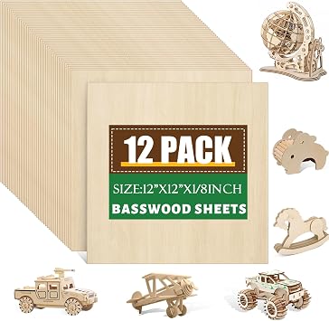 12 Pack Basswood Sheets 1/8x12x12 Inch for Crafts,Unfinished Wood for Laser Cutting & Engraving,Wood Burining,Plywood for Architectural Models.