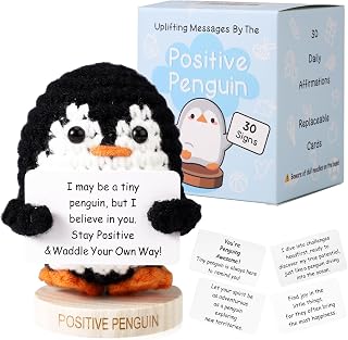 Positive Penguin, Soft Magnetic Crochet Penguin with Wooden Base and 30pcs Cards Knitted Animals Ideal Emotional Plush Support Gifts and Table Decor for Birthday Anniversary Xmas