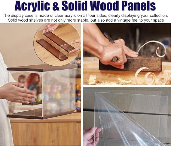 Solid Wood & Acrylic Box with Shelves, Vintage Clear Display Case with Top Light & Sliding Doors, Dustproof Display Stand for Collectibles