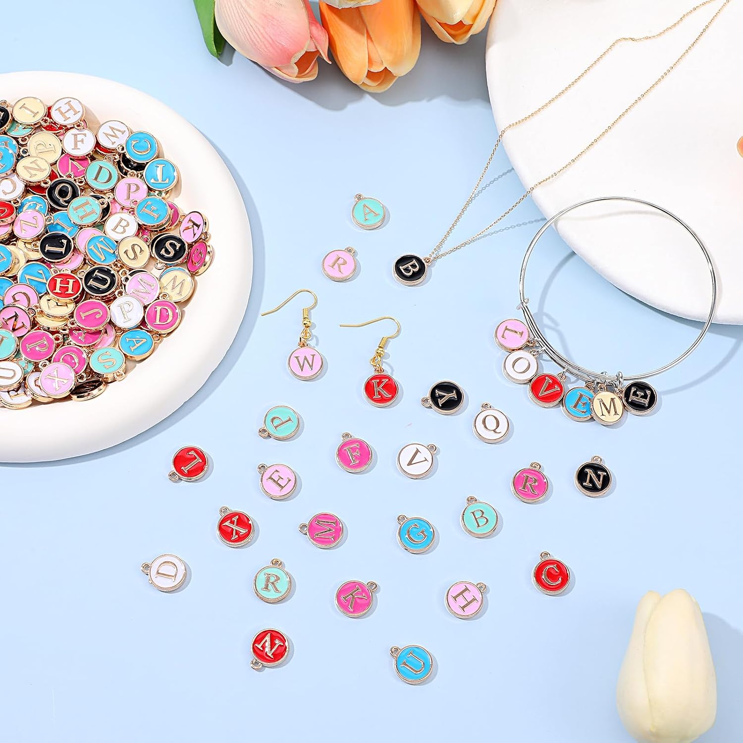 208 Pcs Letter Metal Charms, Double Side Initial Charms for Jewelry Making, 8 Colors Mixed Alphabet for DIY Bracelet Necklace Craft