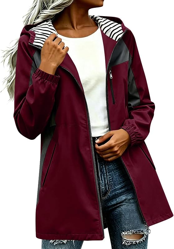 maisdgop windbreaker jacket for women chic Striped Lined Hooded Rain Coat