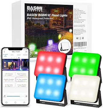 BASON LIGHTING BASON LIGHTING Smart RGBW Flood Lights, Outdoor Ground Lights, 12V Power Adapter Low Voltage Led Landscape Spotlights, IP65 Pathway Light Wired with App Control, 48 Scene Modes, Patio Light, 4 Pack