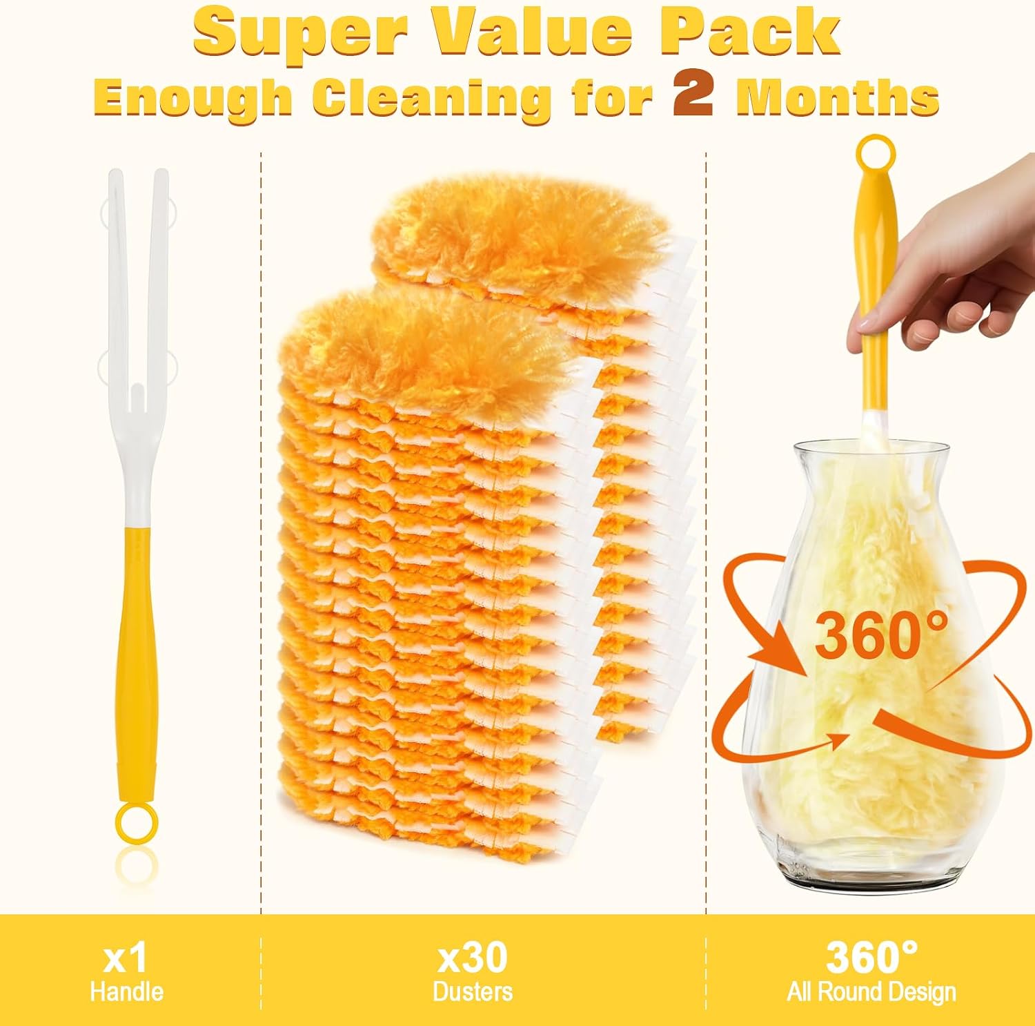 360° Heavy Duty Duster Refills for Swiffer Duster,30 Pack & 1Handle 4X Faster Electrostatic Deep Duster Kit for Cleaning, Pet Hair, Blinds & Car Vents,Lasts 2+ Months, Eco-Friendly & Gift-Ready