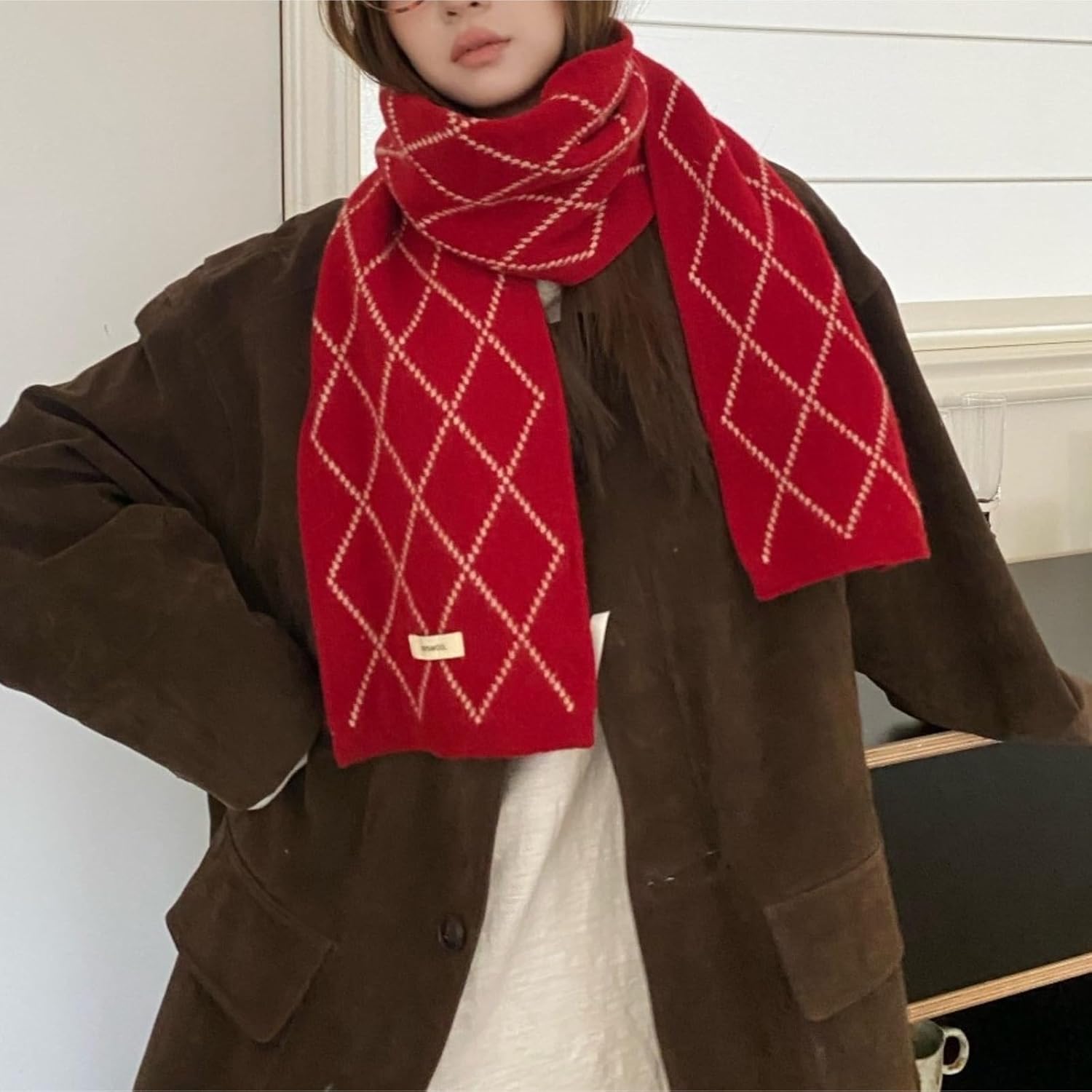 winter scarf Womens Winter Scarf Cold Weather Thick Warm Cable Knit Wraps Chunky Large Soft Diamond Check Pattern