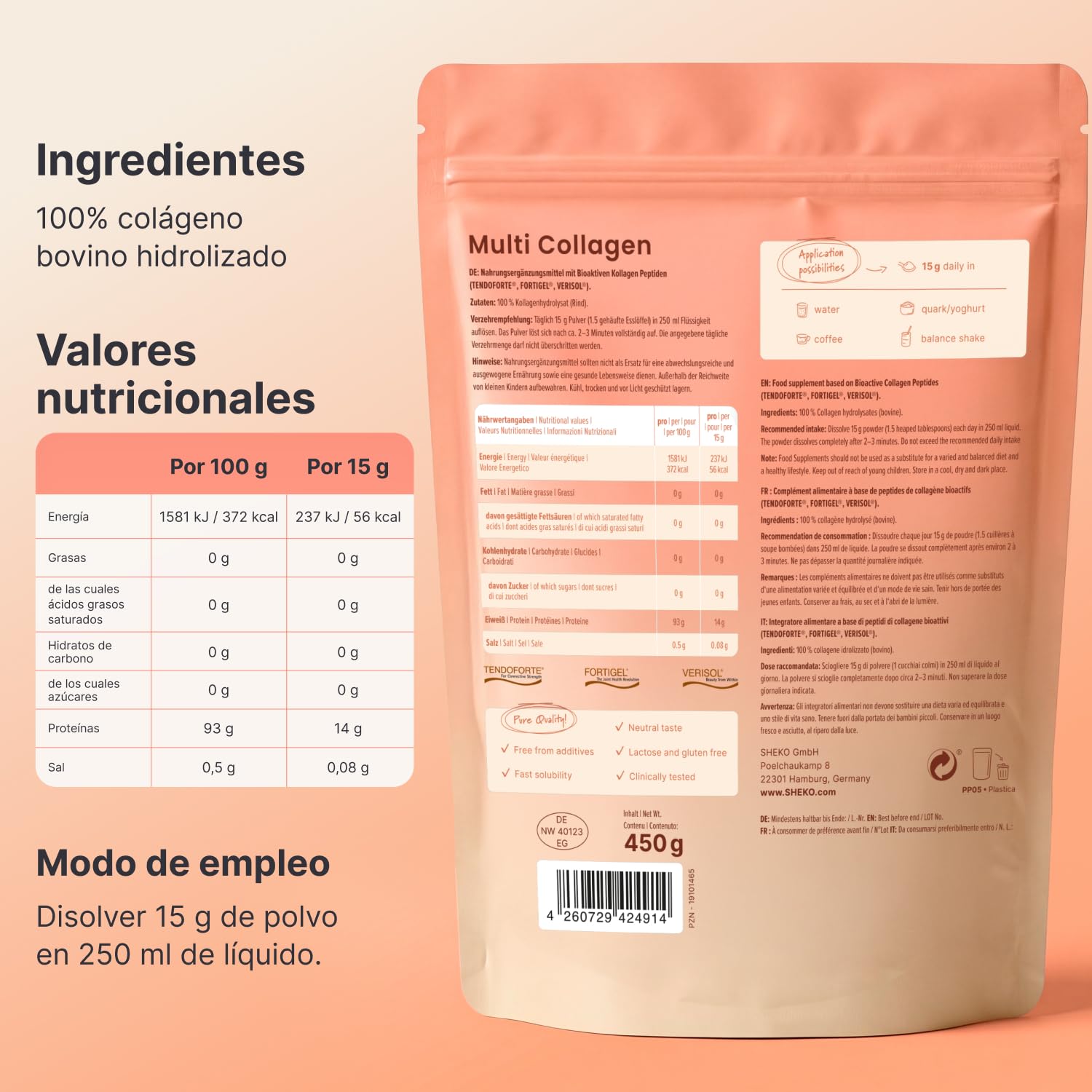 SHEKO Colágeno Hidrolizado en Polvo – Bovino Tipo 1, 2 y 3 – 3x 450 g | Péptidos de colágeno bovino · Sabor neutro y alta solubilidad · Sin aditivos ni lactosa · 3 x 450 g · Fabricado en Alemania