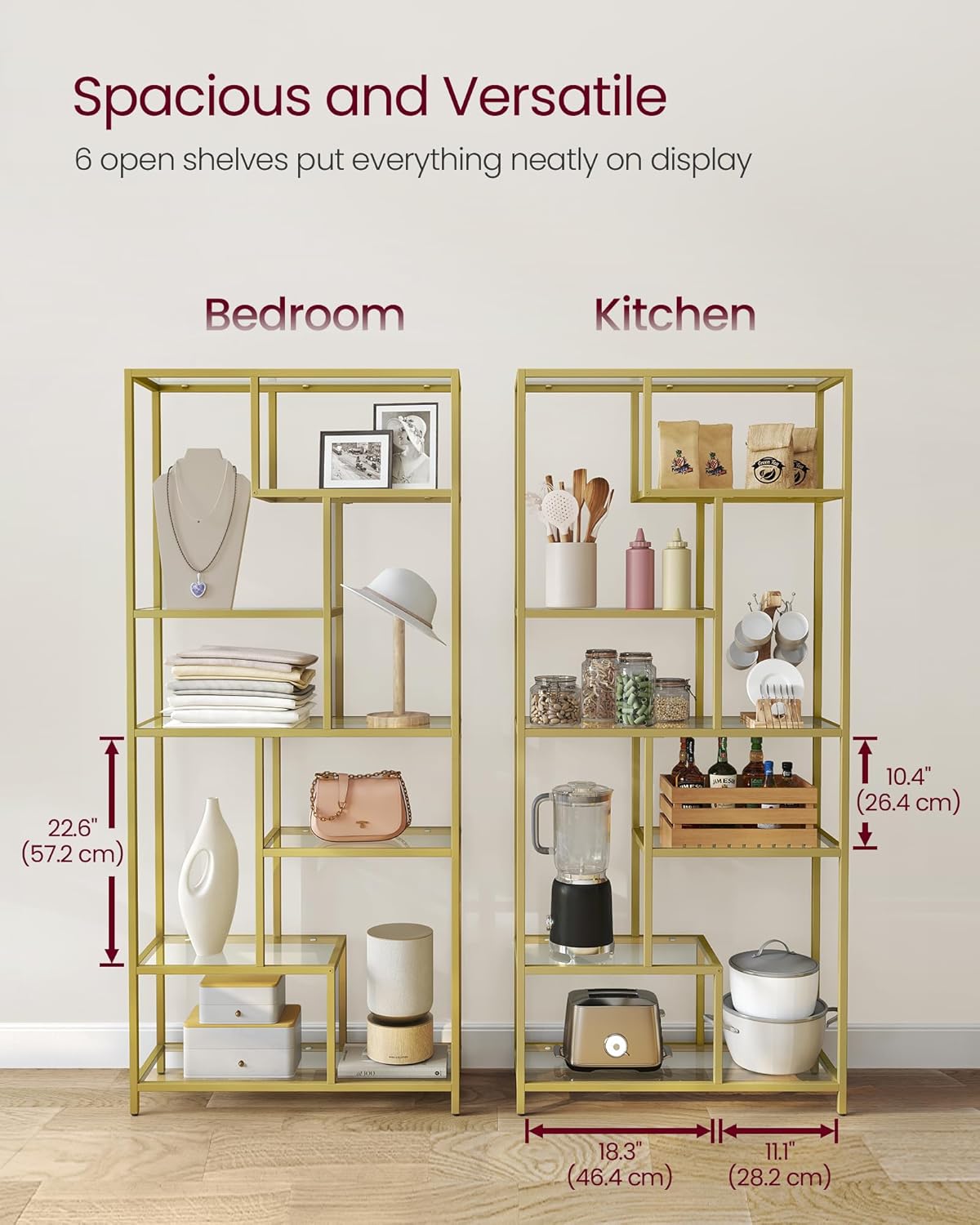 VASAGLE Bookshelf, 6-Tier Tall Bookcase, Display Shelf, Plant Stand, 11.8 x 31.5 x 70.9 Inches, Tempered Glass, for Study, Office, Living Room, Bedroom, Kitchen, Metallic Gold ULGT502A01