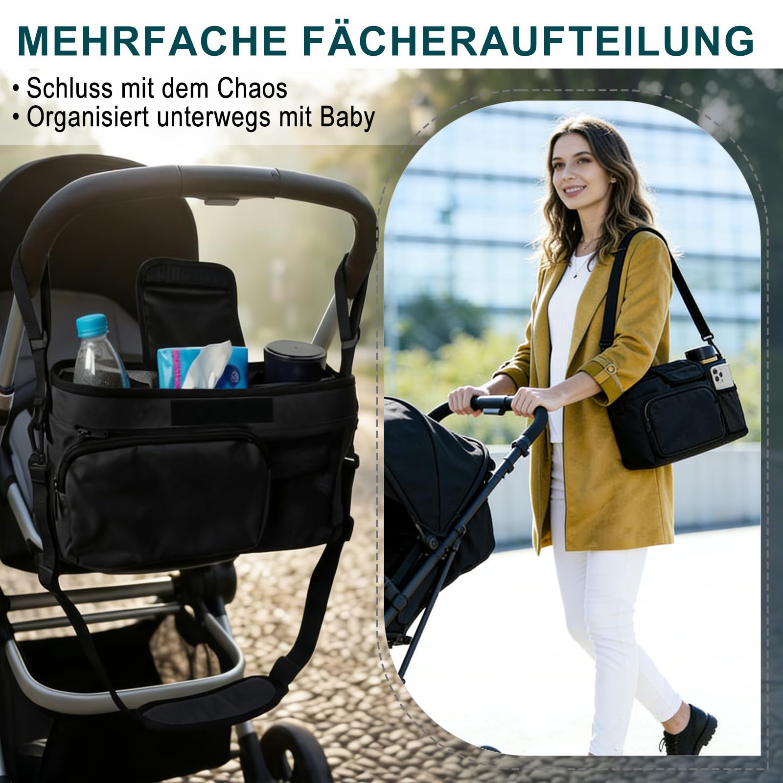 Kinderwagen Organizer Universal mit Isolierten Getränkehalter - Buggy Kinderwagentasche mit Verstellbarem Schultergurt, Wasserdichte Baby Zubehör Tasche für Windeln, Handys, Flaschen (Schwarz)