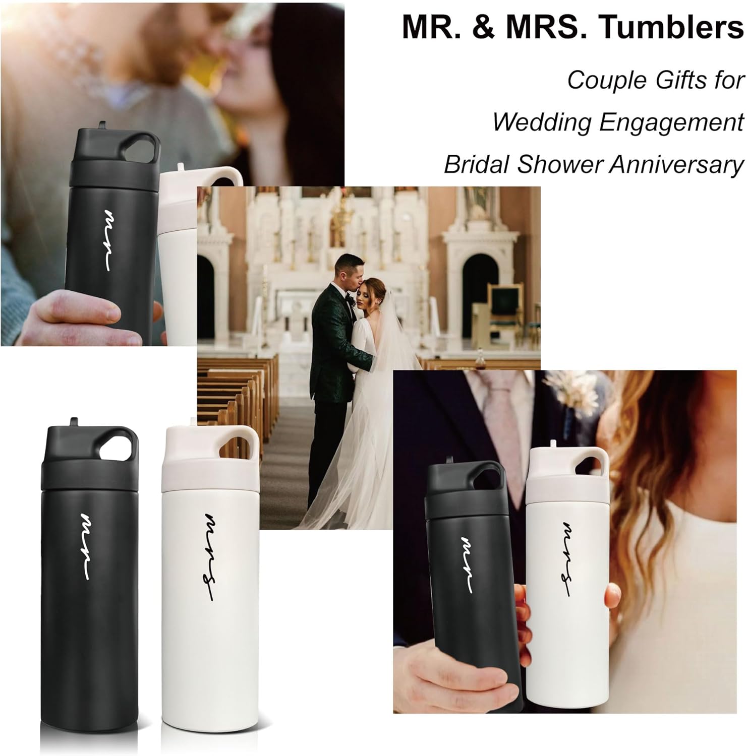HubbyWifeyGifts Wedding Gifts for Couples 2026, Mr & Mrs Cups, Honeymoon Travel Insulated Water Bottle - 16.2oz with Handle and Straw, His Hers Engagement Gifts