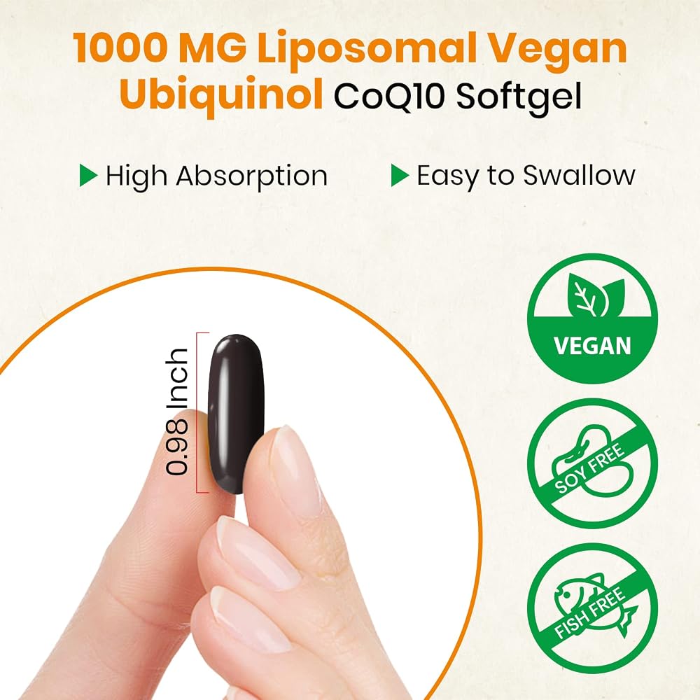 1000mg Liposomal CoQ10 Ubiquinol, 120 Vegan Softgels, High Absorption Ubiquinol CoQ10 Supplement, Active Antioxidant Form of Coenzyme Q10 for Heart Function & Energy Production