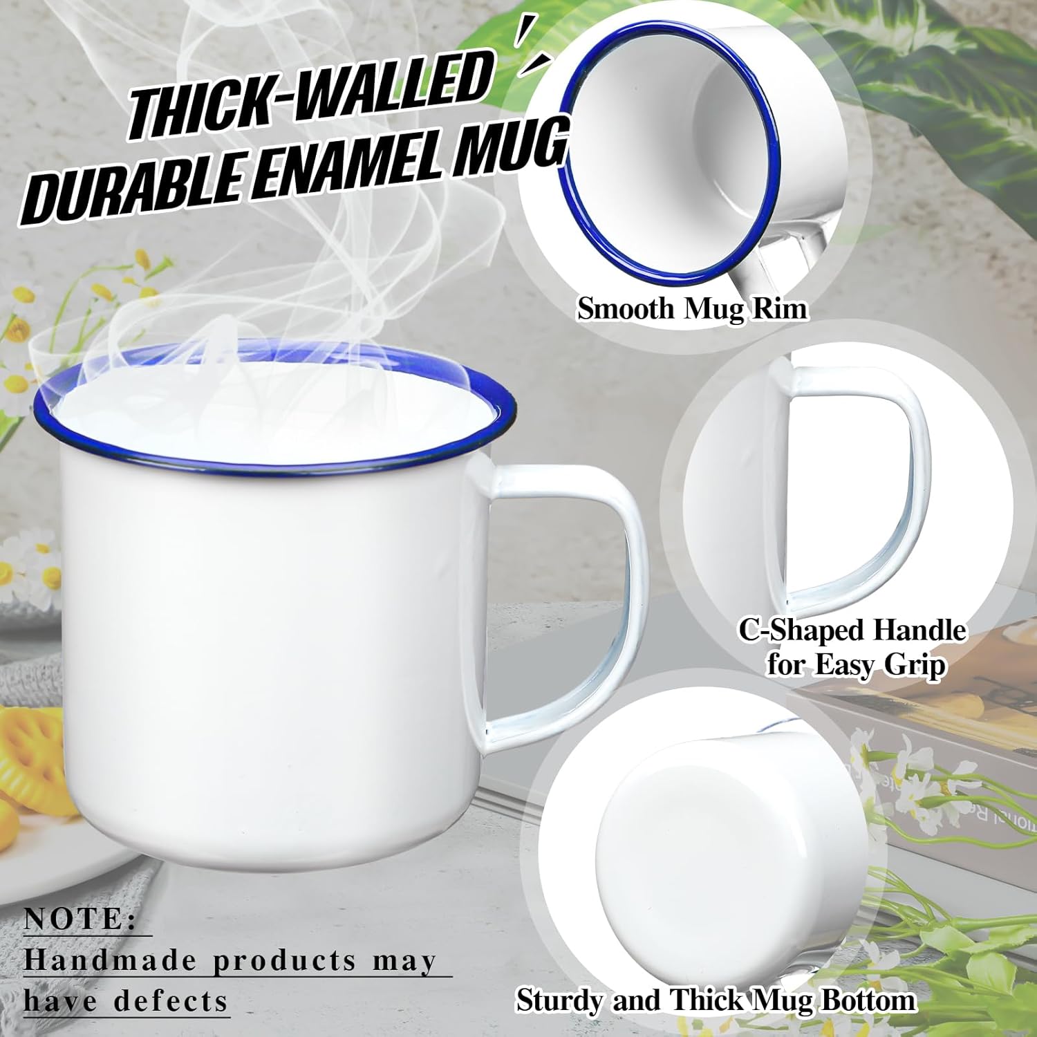 Yinder Mini Enamel Camping Coffee Mugs Metal Small Classic Portable White Campfire Mugs Bulk Vintage Cups with Handle for Coffee Tea Picnic Travel Indoor Outdoor Activities(12 oz, 12 Pcs)