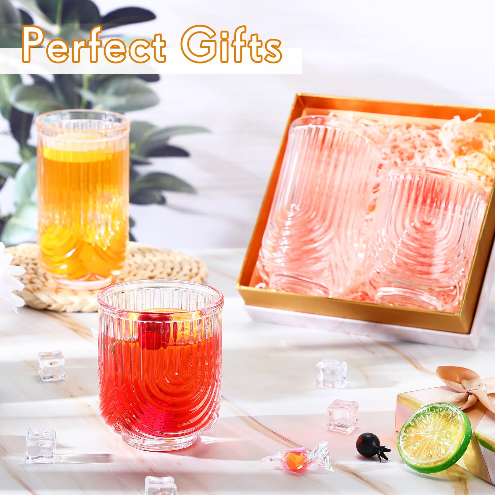 Vesici 8 Stück Trinkgläser, Cocktailgläser, Bogen-Design, Highball, gerippte Glaswaren, Vintage-Becher, gewellt, ästhetische Becher für Whiskey, Wasser, Getränke, Eis, Kaffee, Saft, Milch, 400 ml und