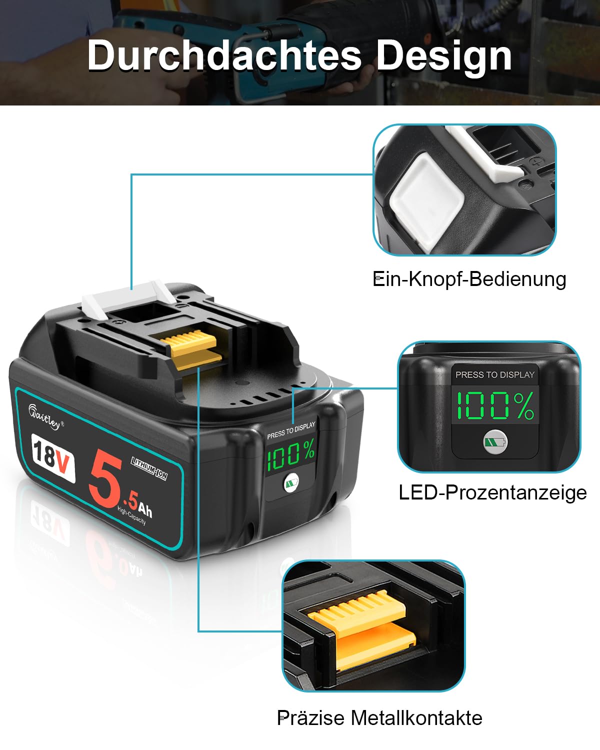 2X Waitley 5500mAh 18V akku für Makita BL1850 BL1860B BL1840 BL1830 BL1820B BL1815 – Kompatibel mit Makita 18V Elektrowerkzeugen
