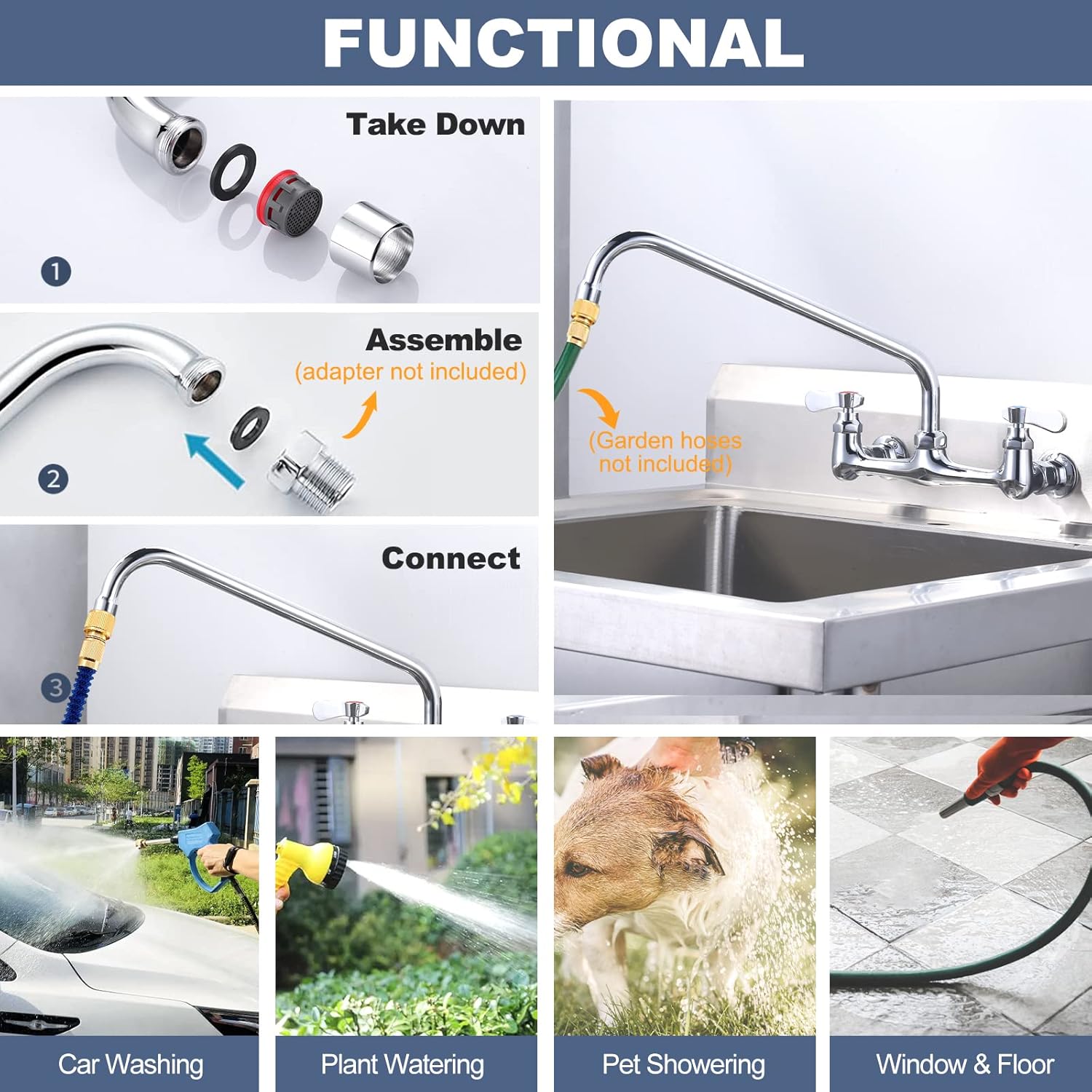 Commercial Sink Faucet with 14” Swivel Spout, 8" Center Wall Mount Kitchen Faucet & Commercial Sink Drain: 3-1/2" Sink Opening Waste Drain Valve - Brass Kitchen Sink Drain with Twist Handl