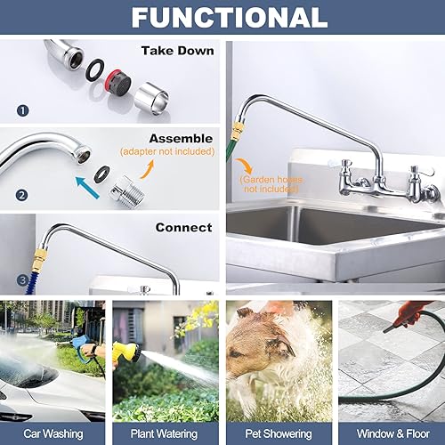 Miniatura 4 de Grifo de fregadero comercial con boquilla giratoria de 14 pulgadas, grifo de cocina de montaje en pared central de 8 pulgadas, grifo de fregadero de