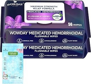 Flushable Hemorrhoid Wipes | Maximum Strength Witch Hazel Wipes | 124 Count Fragrance Free Adult Hemorrhoids Medicated Witch Hazels Wipe for Butt Hemorrhoidal Itch