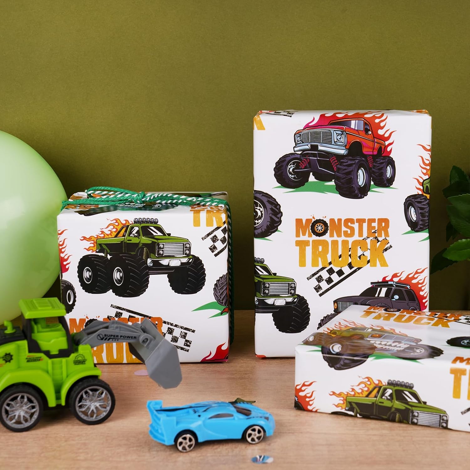 RUSPEPA 17" Monster Truck Wrapping Paper Bundle with 13" Gift Bag with Big Wheels Truck Pattern for Boys Kids, Birthday Party image 4