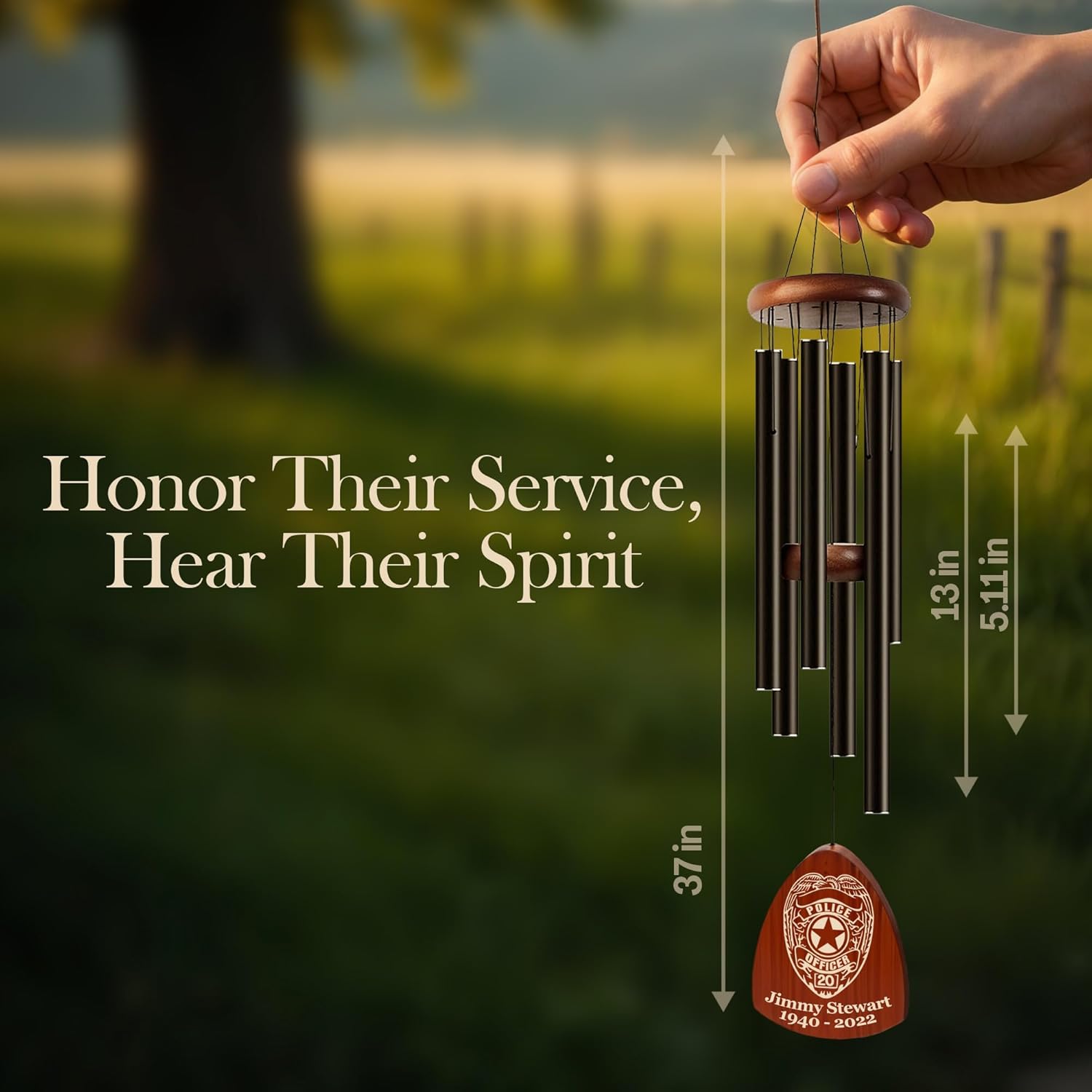 Personalized Policeman Memorial Wind Chimes with Custom Name, Engraved Wind Chimes for Outside for Police Officer, Wooden Engraved Memorial Chime Deep Tone, Personalized Sympathy Gift