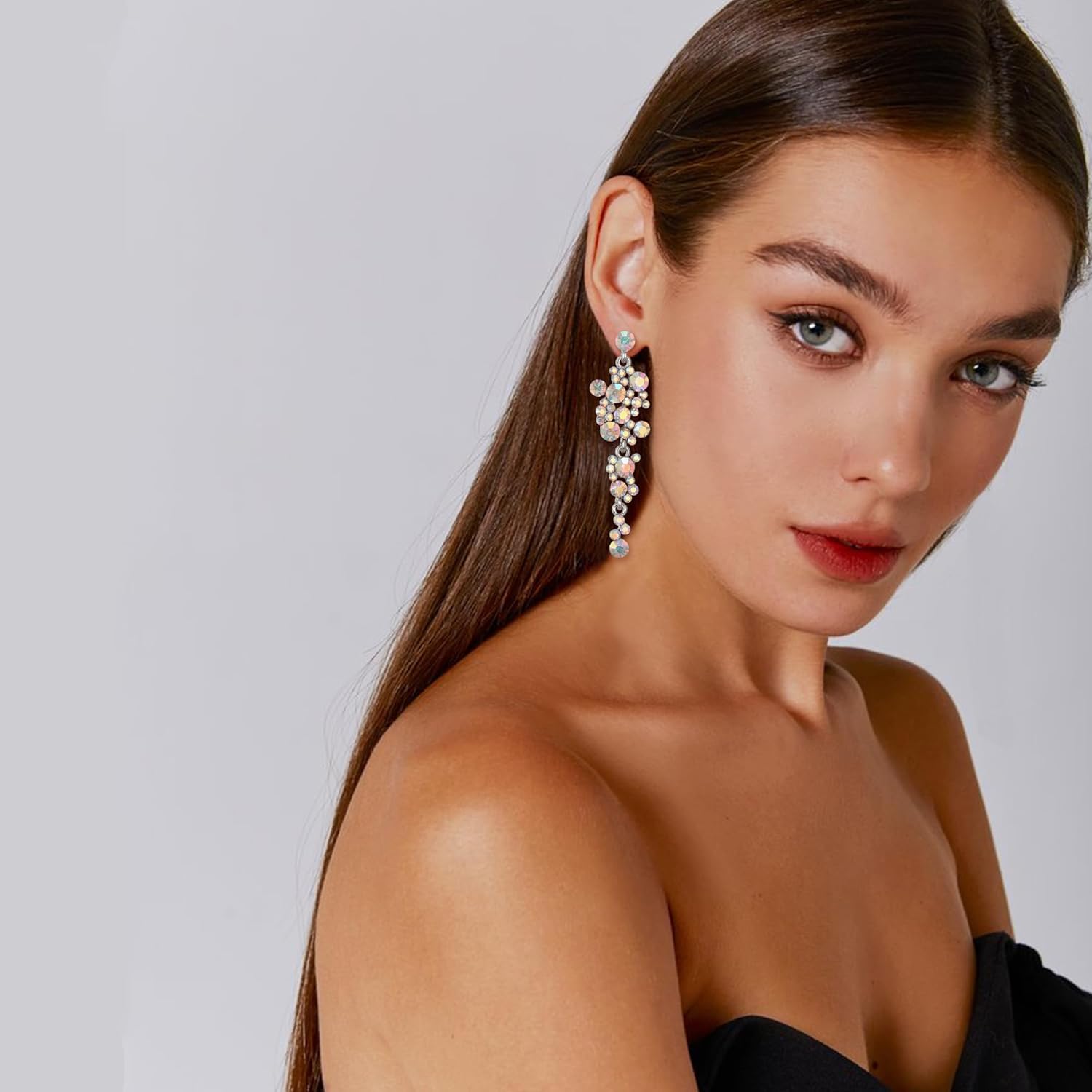 Flyonce Women's Crystal Wedding Bohemian Boho Floral Chandelier Long Dangle Earrings - Image 3