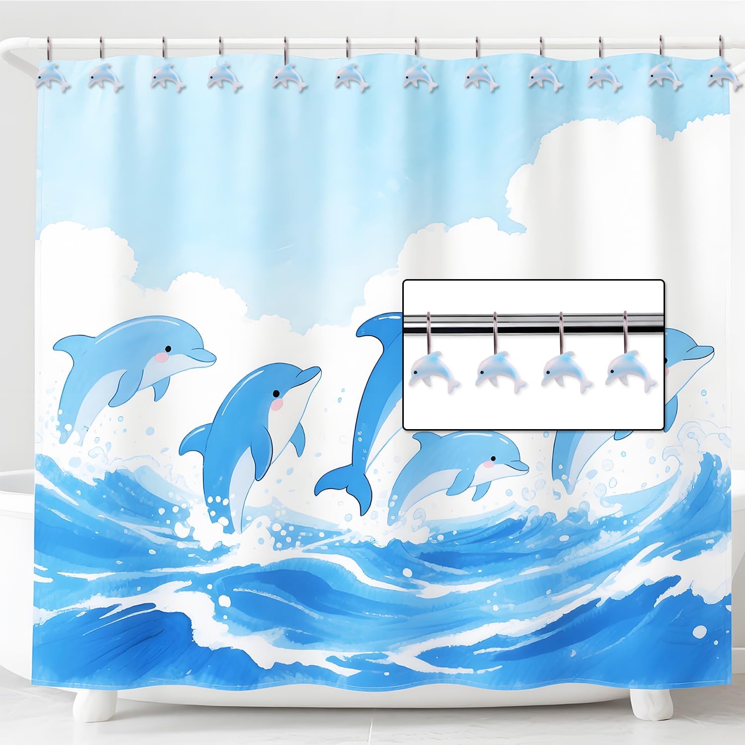 Decorative Shower Curtain Hooks 12pcs Resin Dolphin Curtain Rings Shower Curtain Hangers Cute Shower Curtain Hooks for Bathroom Baby Room Bedroom Living Room Decor