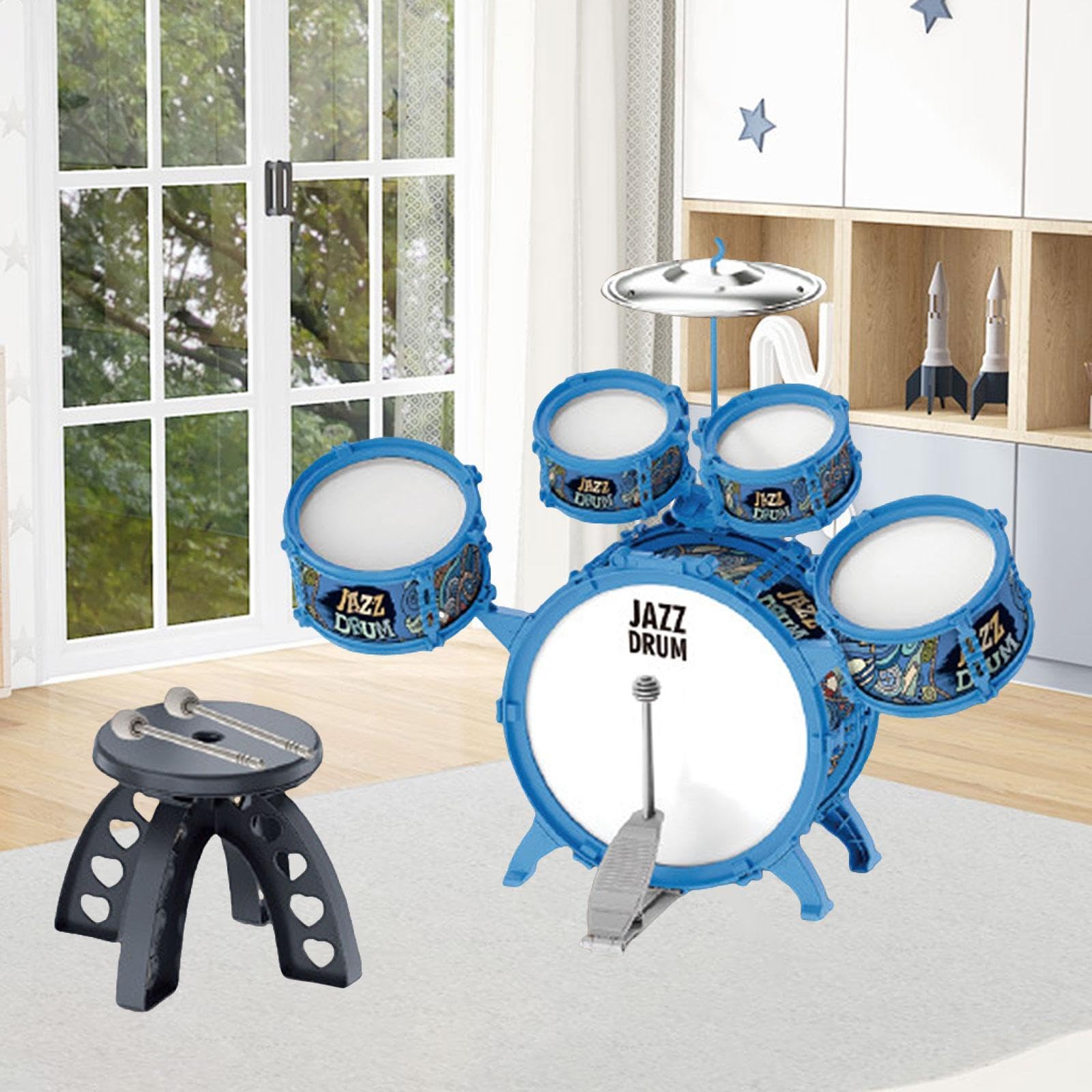 Batería Infantil con Baquetas, Juguete Educativo Musical para El, Azul