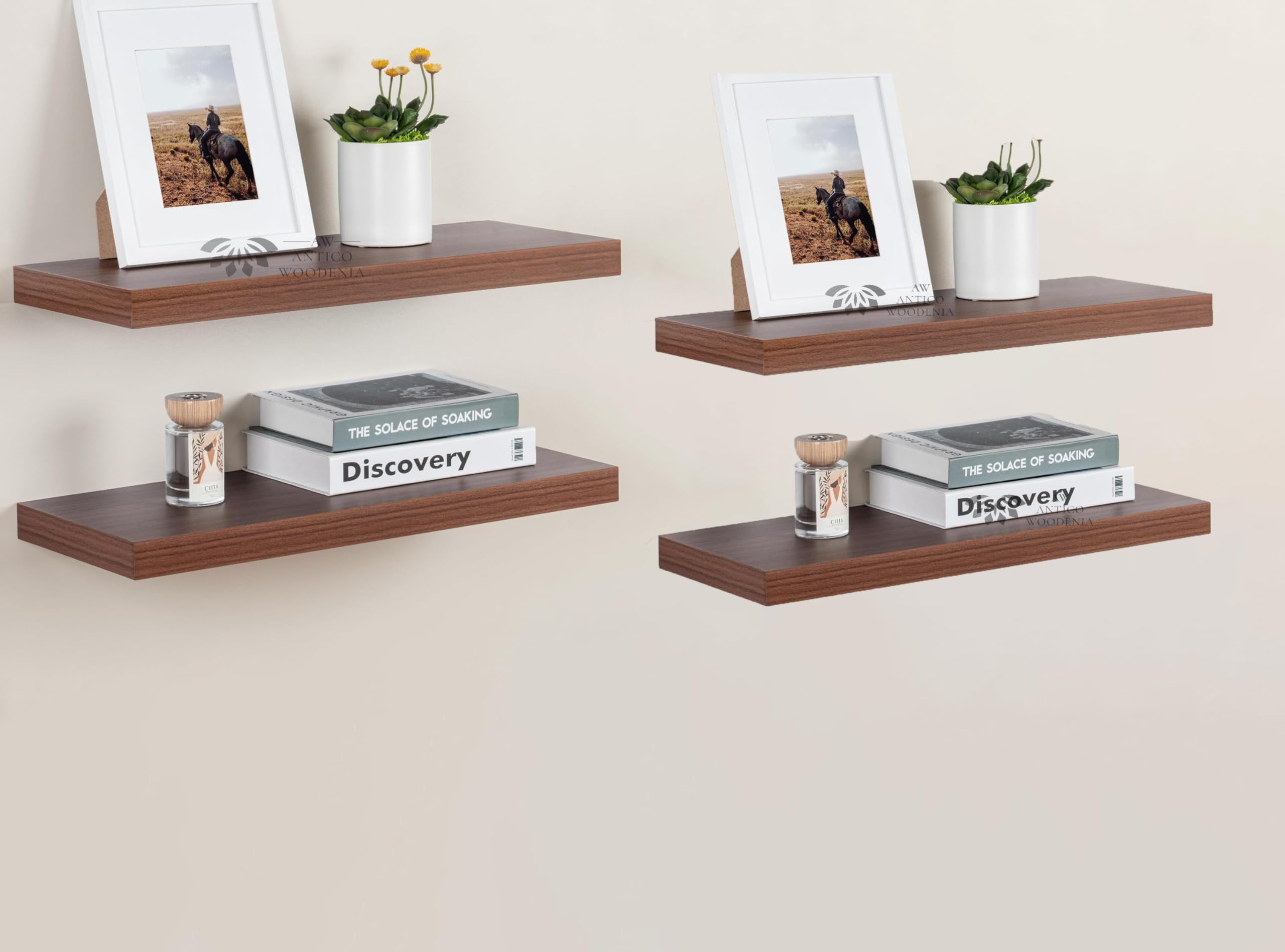 ANTICO WOODENIA® Wooden Floating Wall Shelf| Wall Mount| Wall Rack| Wall Bracket for Home and Office Decor | Big Mounted Cabinets (Large, Set of 4, Walnut Finish)