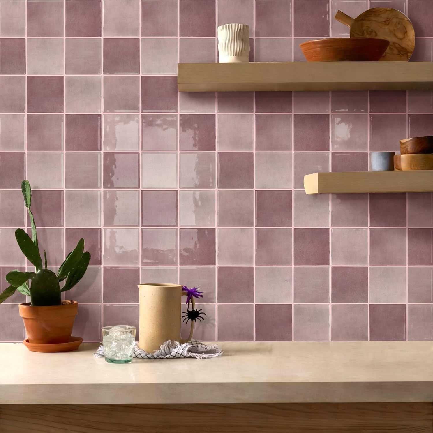 Commomy Thicker Dark Pink Peel and Stick Tiles- 10 pcs of 12" x 12" - 3D Adhesive Square Peel and Stick Tiles Backsplash for Kitchen, Bathroom, Removable, Waterproof, Vinyl Wall Tile