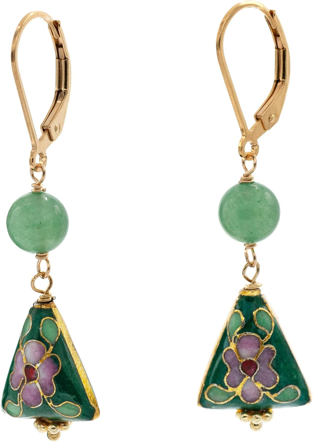 14k Gold-Filled Triangular Floral Enameled Cloisonne and Gemstone Drop Earrings