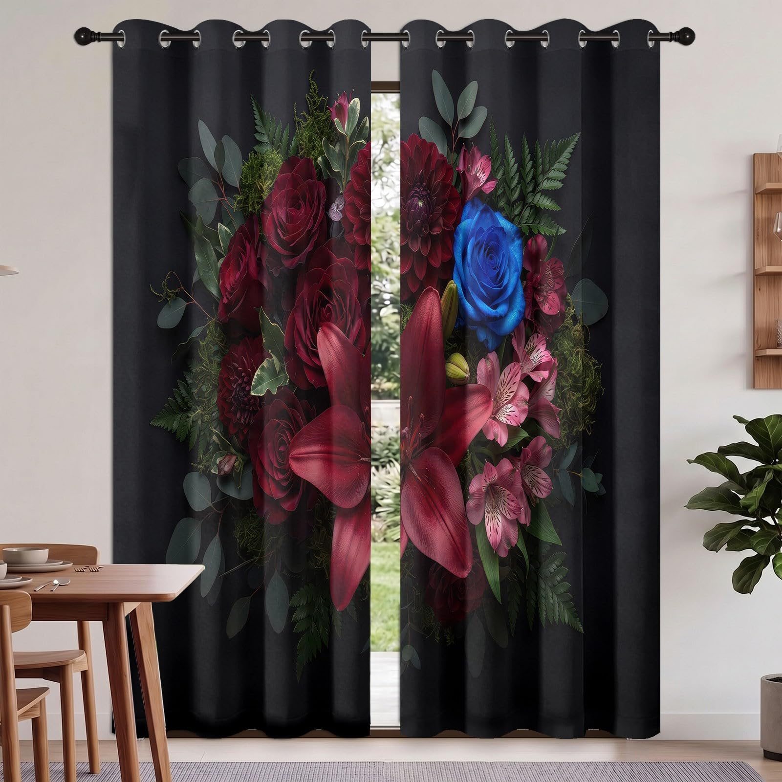 Rideaux Occultant Floral Art, Rideaux Occultant Rose Bordeaux & Dahlia Rideau Thermiques Isolant Anti Froid et Chaleur Rideau à Oeillets pour Salle À Manger, 2 PCS, 91.5L X 214H cm