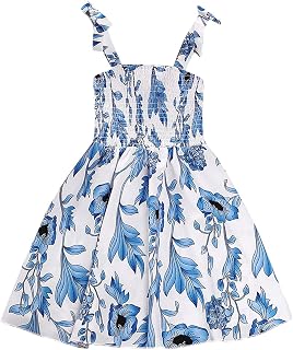 Vestido casual para meninas, verão, gola redonda, sem mangas, suspensório, estampa floral, azul, vestido de verão liso, manga comprida arco-íris