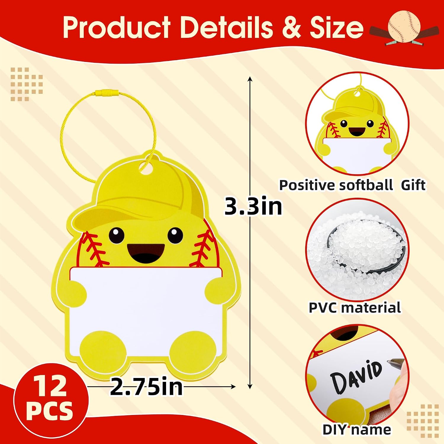 12 Pcs 3.3 Inch PVC Positive Softball Keychain, Softball Luggage Tags for Suitcases, Softball Name Tags with Metal Ring for Team Gift Party Supplies, Yellow