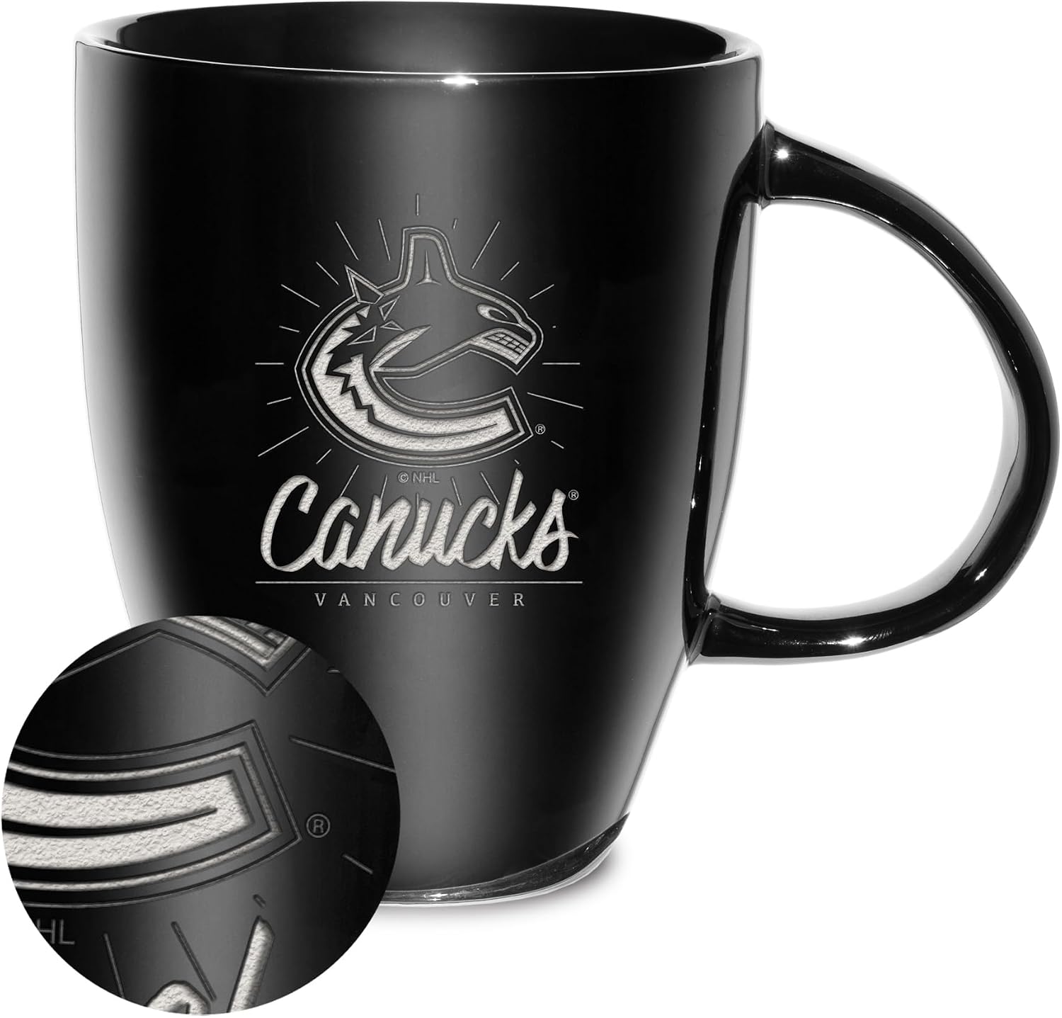 Rico Industries NHL Hockey Vancouver Canucks Sunburst Black 18oz Laser Engraved Ceramic Lustre Mug