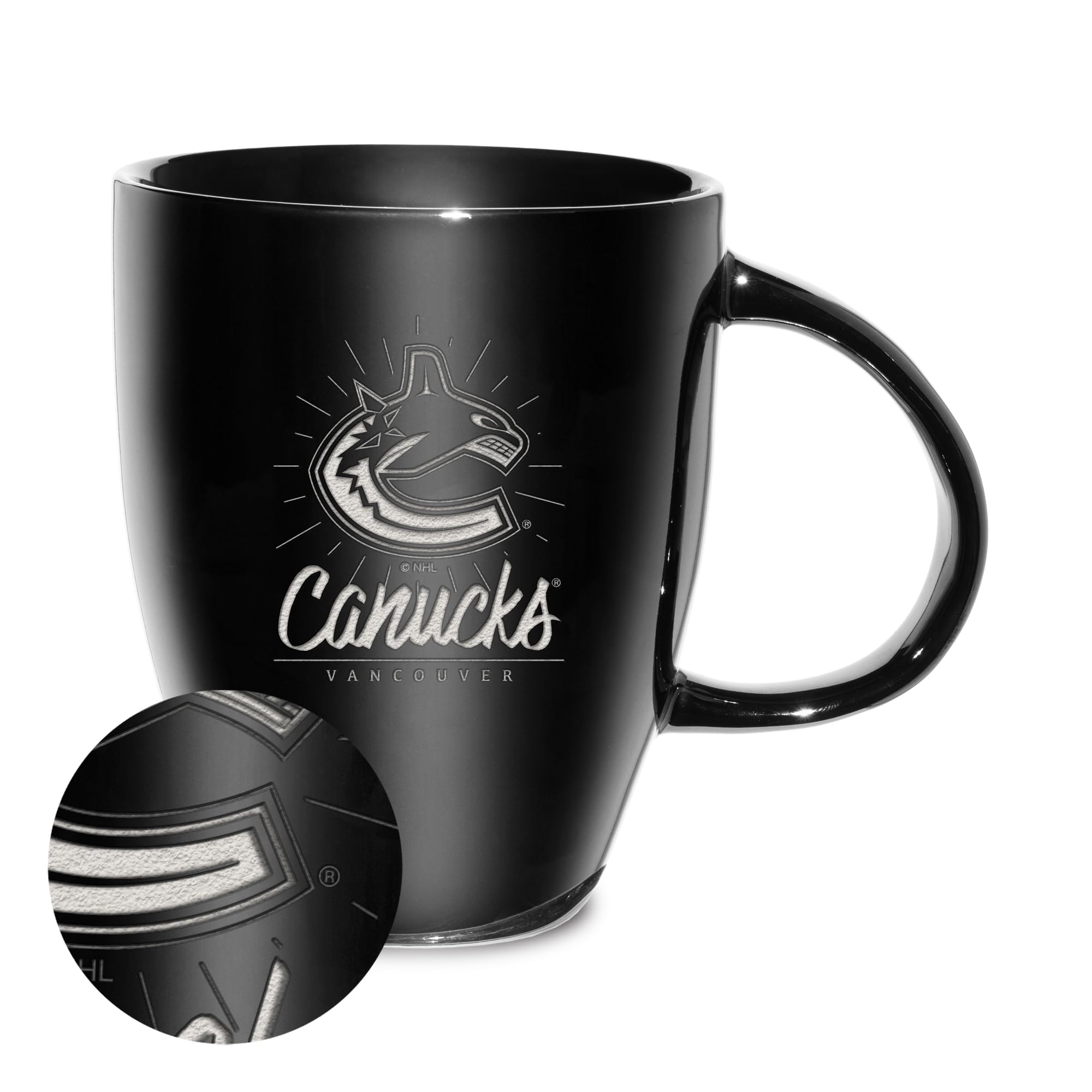 Rico Industries Team Color Nhl Hockey Vancouver Canucks Sunburst Black 18Oz Laser Engraved Ceramic Lustre Mug