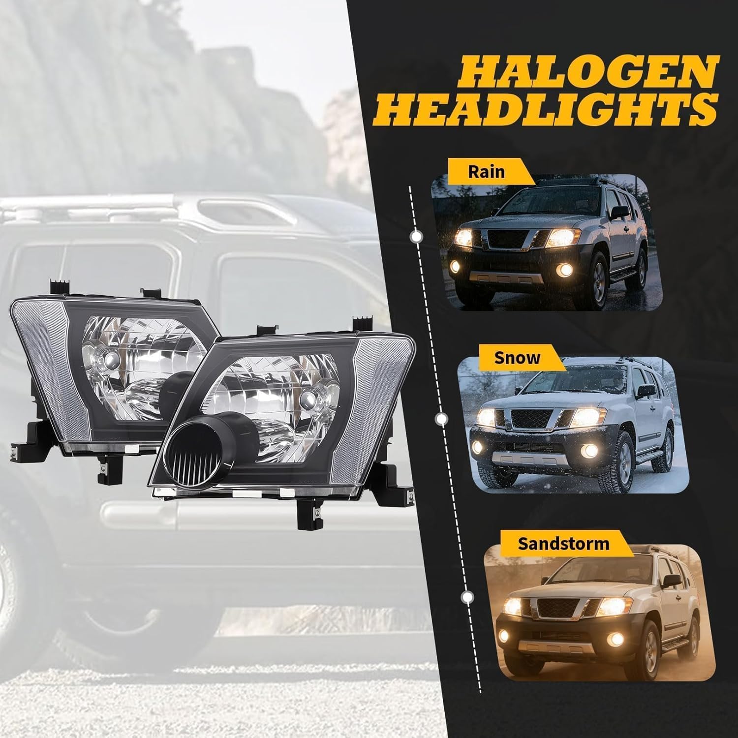 Halogen Headlight Compatible with Xterra 2005-2015 W/O Bulb Headlamp Black Housing Driver & Passenger Side White Corner Clear Lens 26060EA025 26010EA025