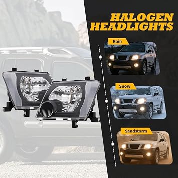 Halogen Headlight Compatible with Xterra 2005 2006 2007 2008 2009 2010 2011 2012 2013 2014 2015 Headlamp Black Housing White Corner Clear Lens Driver & Passenger Side 26060EA025 26010EA025