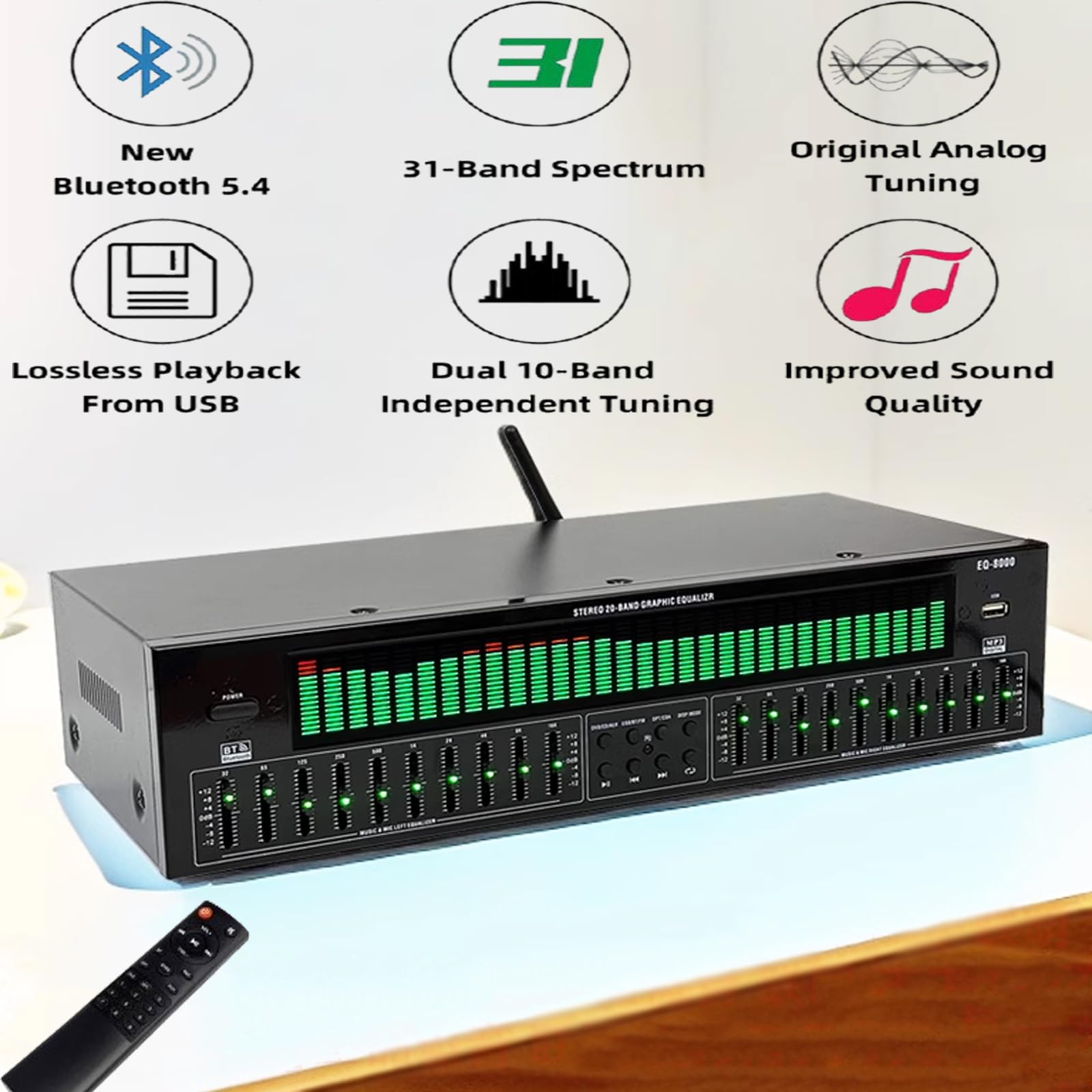 Analizator spektrum muzyki LED, 31-pasmowy korektor cyfrowy, z redukcją szumów, analizator, optyczny koncentryczny cyfrowy dekodowanie audio Bluetooth 5.4, dla muzyków, entuzjastów audio