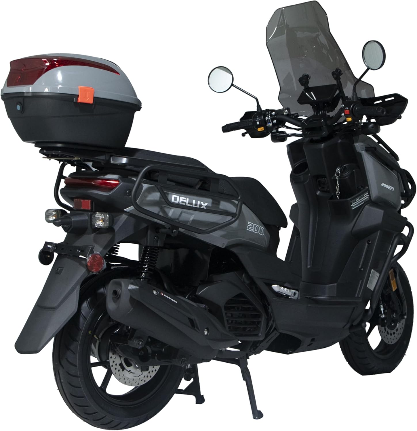 HHH Tank 200 DLX EFI Scooter Tank 200 EFI Scooter 200cc motorcycle 13 inch wheels Fully Automatic, Windshield and Matching Rear Trunk ( Black )