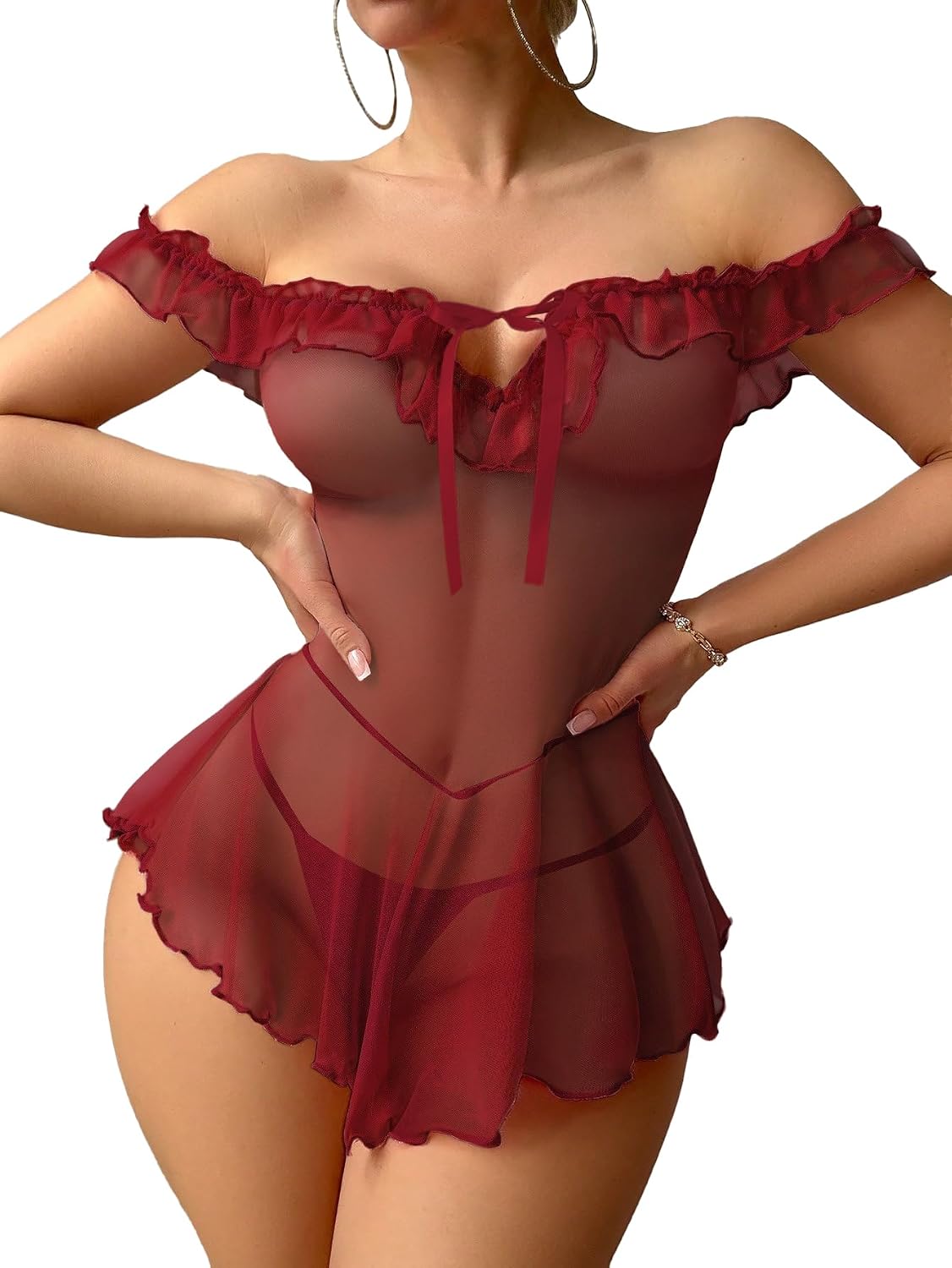 Mixxmix Women's Lingerie Set Off Shoulder Sleeve Babydoll Dress See Through Ruffle Mesh Sheer Top Sexy Nightgowns with Thong