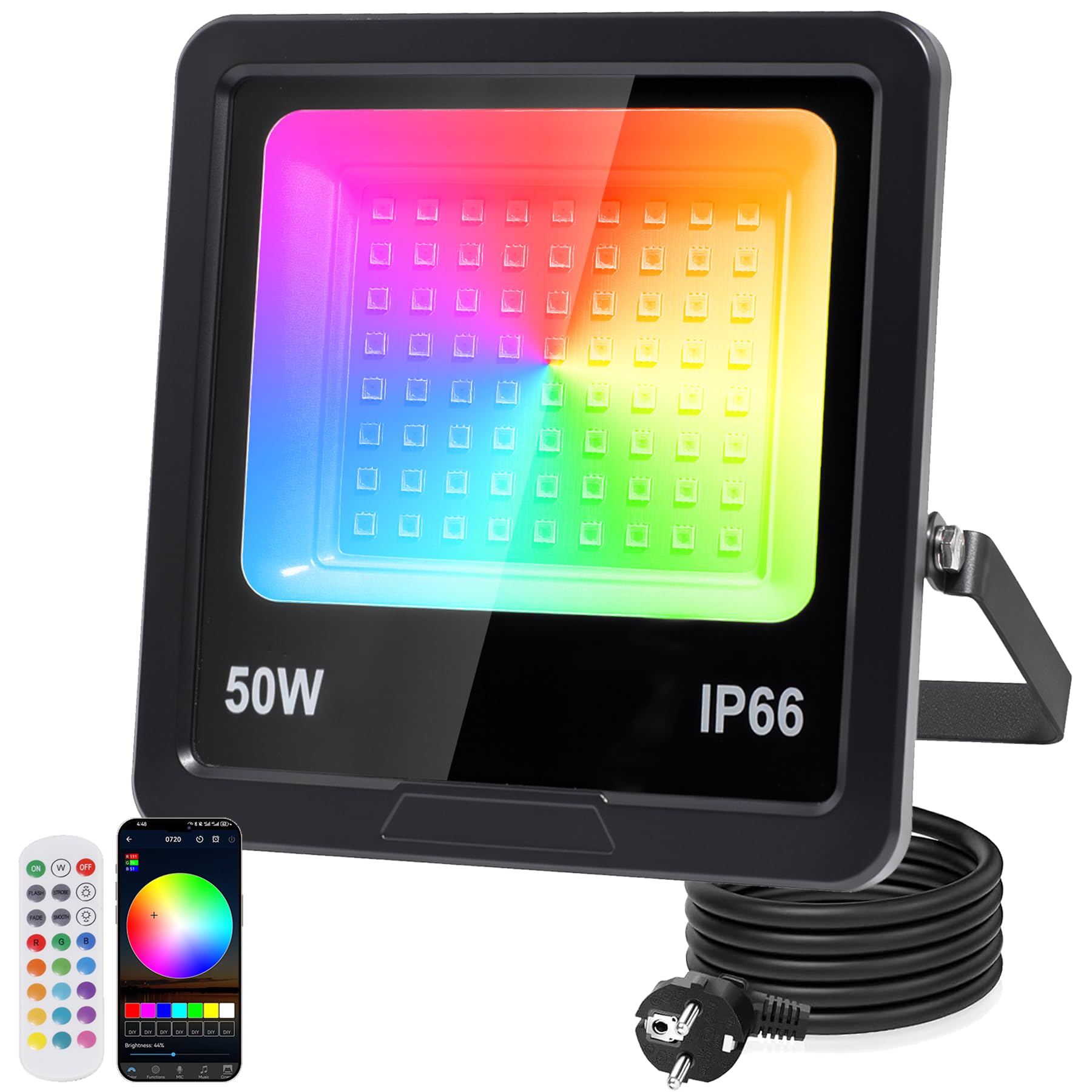 Indmird RGB LED Strahler 50W, RGB Strahler mit 360° Fernbedienung und Bluetooth APP, Rgb strahler Outdoor IP66 Wasserdicht rgb Flutlicht Smart Partylicht für Bühne Feiern Garten Halloween