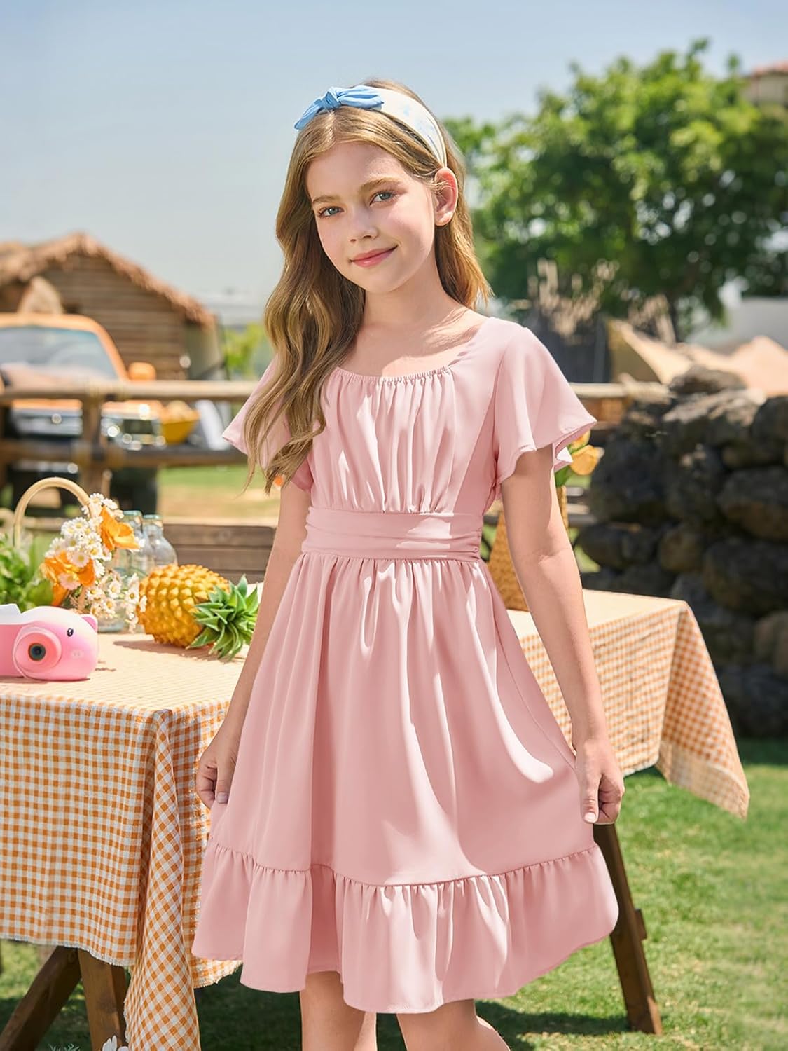 Haloumoning Girls Ruffle Short Sleeve Tie Back Dress Kids Summer Off Shoulder A-line Dresses 5-14 Years - Image 5