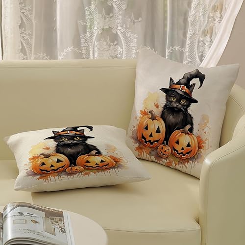 Miniatura 4 de Fundas de almohada de Halloween de 18 x 18 pulgadas, juego de 2 fundas de almohada de gato negro con calabaza, decoraciones de Halloween, fundas de