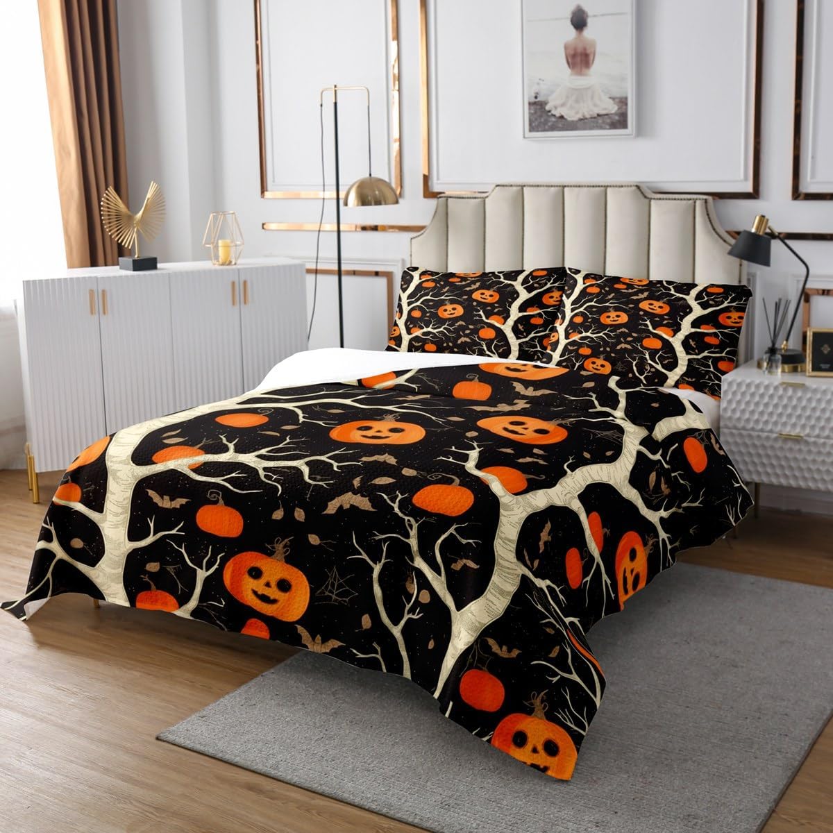 Happy Halloween Bedspread Queen Size,Ghost Pumpkin Bat Bedding Set for Kids Boys Girls Room Decor,Spider Web Tree Branch Quilt 3Pcs,Halloween Horror Animal Coverlet Set,2 Pillowcases