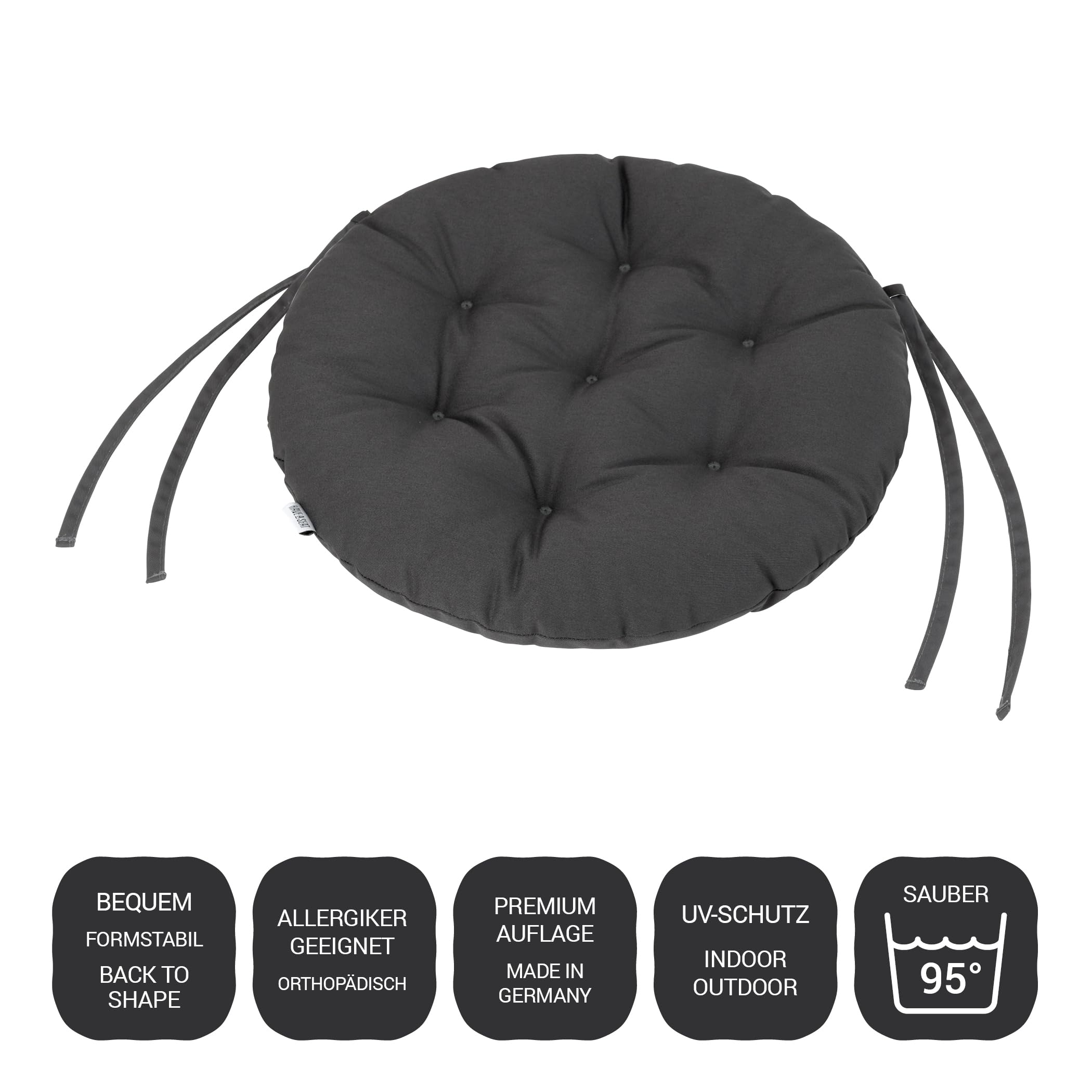 Sitzkissen Rund 40cm - 2er Set - Bequeme Sitzkissen Outdoor - Waschbar bis 95°C, Wetterfest, Orthopädisch - Made in Germany (2er Set - Ø 40cm, Grau/Anthrazit)