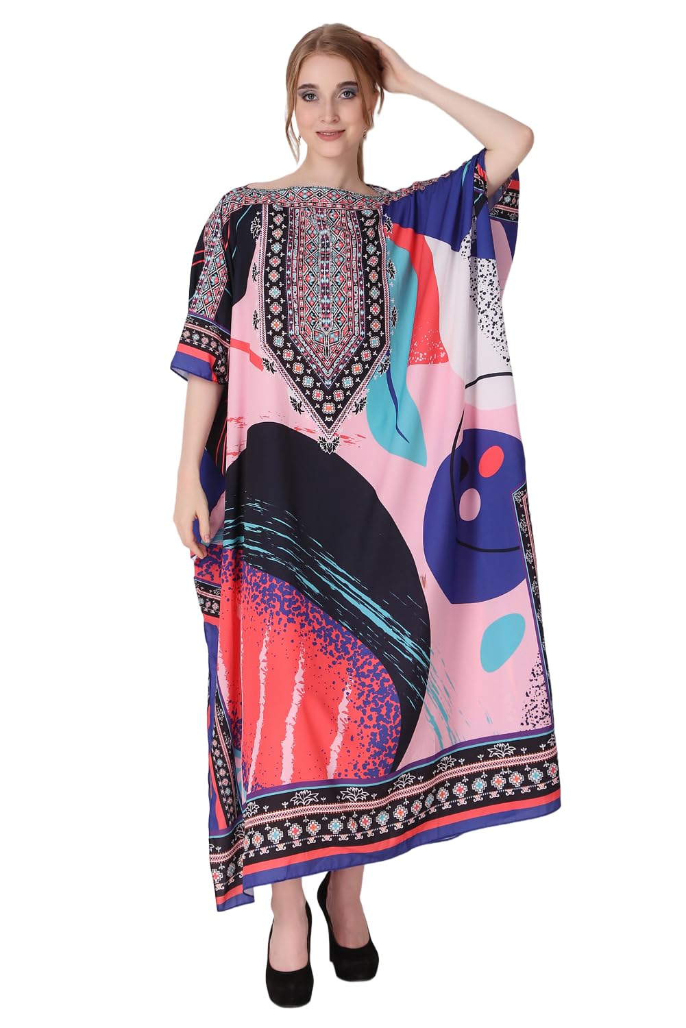 Abstract Digital Printed Crepe Maxi Length Long Kaftan Dress for Women Multicolor Freesize-image-35