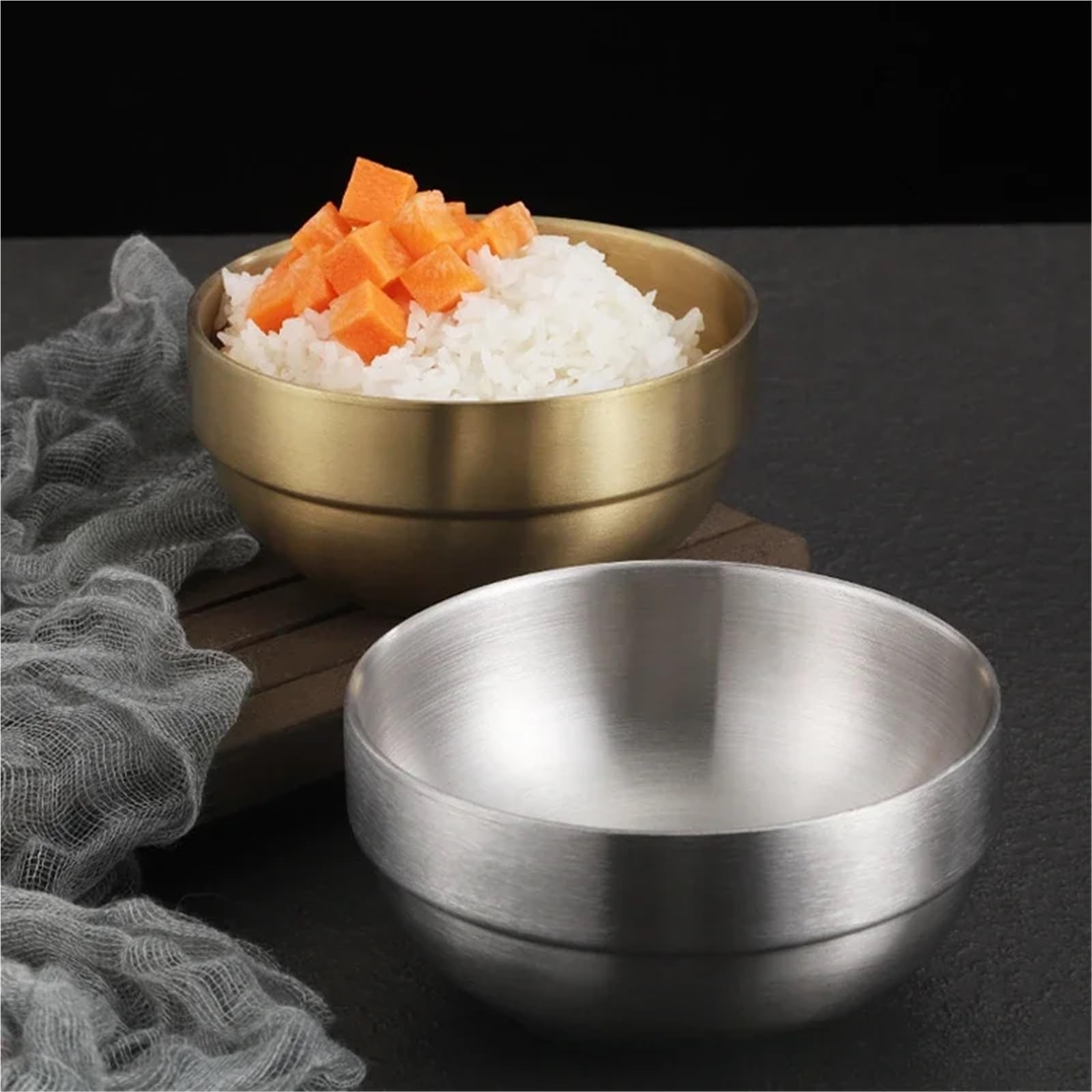 Cuenco de acero inoxidable Tazón De Arroz Acero Inoxidable Doble Capa Dorado, Pequeño, For Uso Comercial, For Sopa Kimchi(SetB)