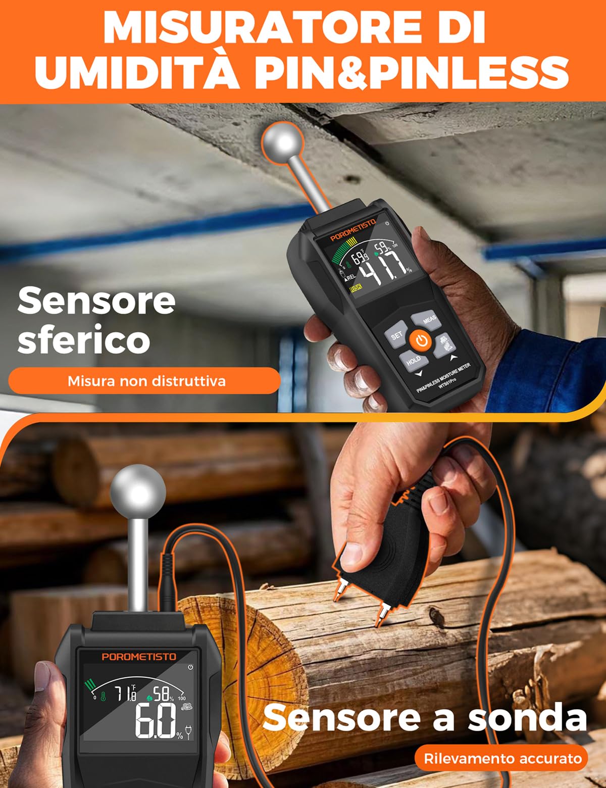 2 In 1 Igrometro Professionale Sonda Sfera&Sensore Pin, Misuratore Umidità Muri di livello Industriale, Igrometro Umidità Casa,20-40mm per Legno, Muratura, Pareti, Parquet