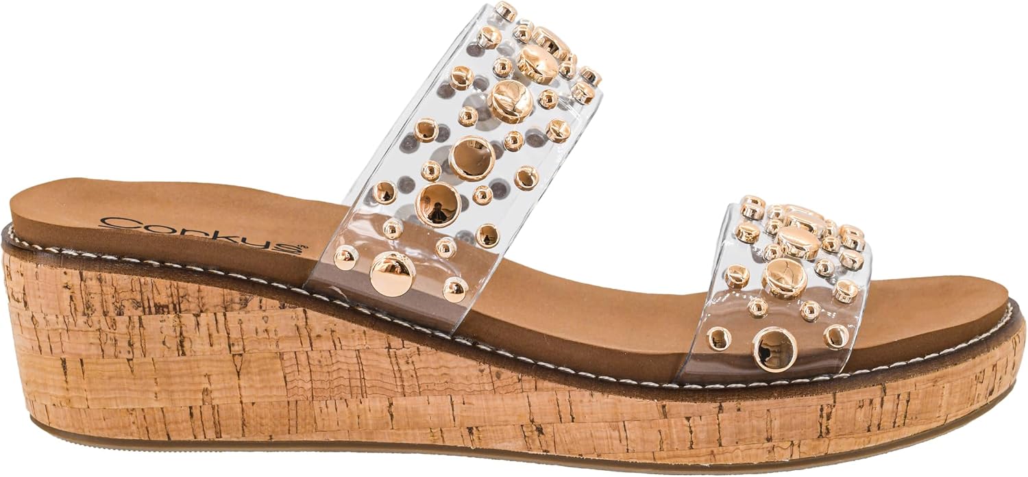 Corkys Footwear Hey Girl Yes Please Women’s Wedge Sandal – Studded Double Straps, Subtle 2-inch Heel, Cushioned EVA Insole, Lightweight Cork-Wrapped Outsole